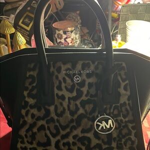 MICHAEL Michael Kors Black and Brown Mini Bag with Leopard Print